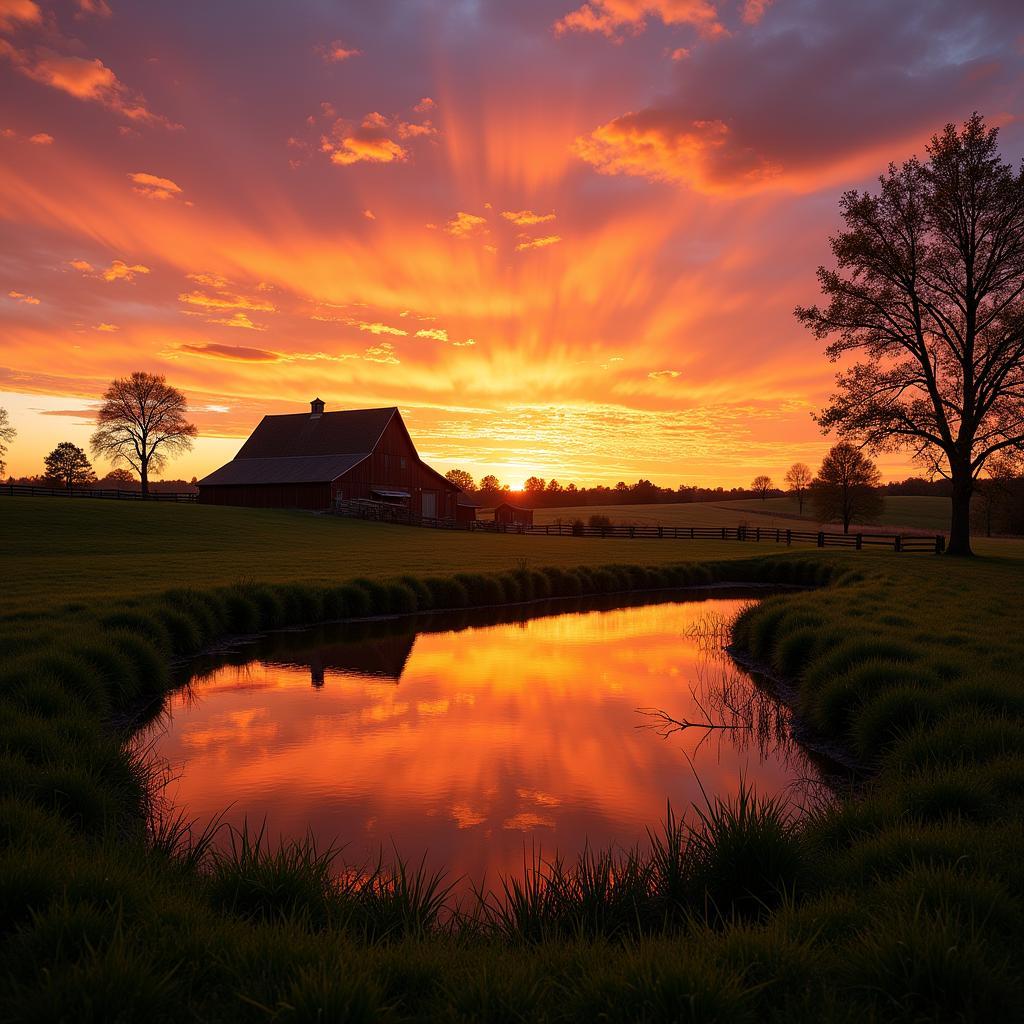 Stunning sunset over a farm pond, casting warm hues on the water