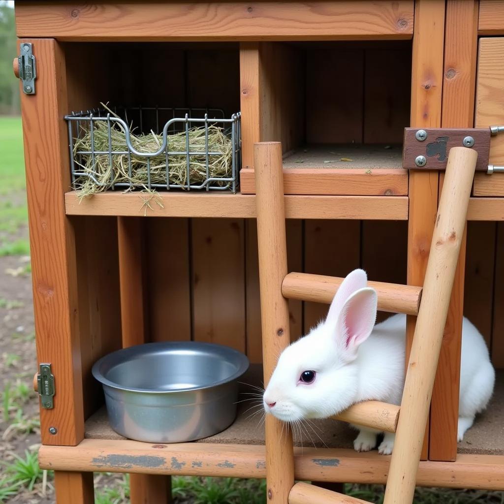 Rustic wooden rabbit hutch with metal accents