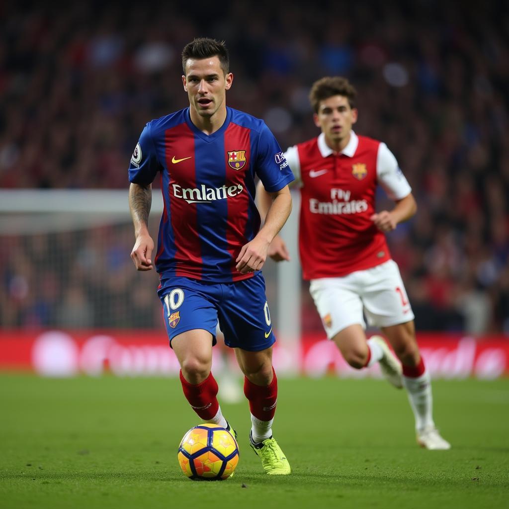 A footballer sprints down the field, leaving opponents behind