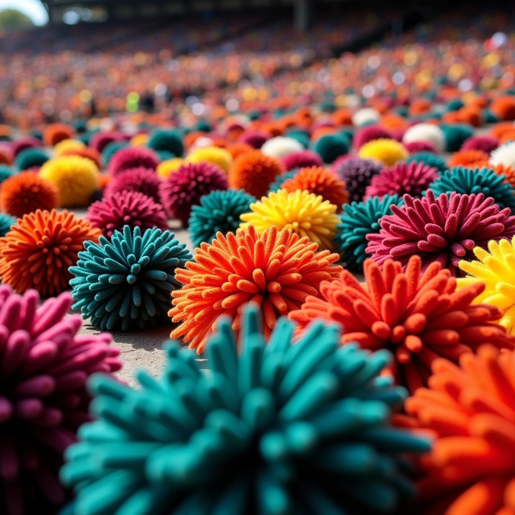 Fans waving felt poms in team colors