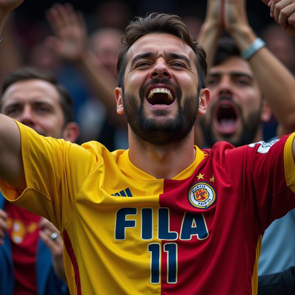 Fan wearing Fiala jersey celebrates a goal