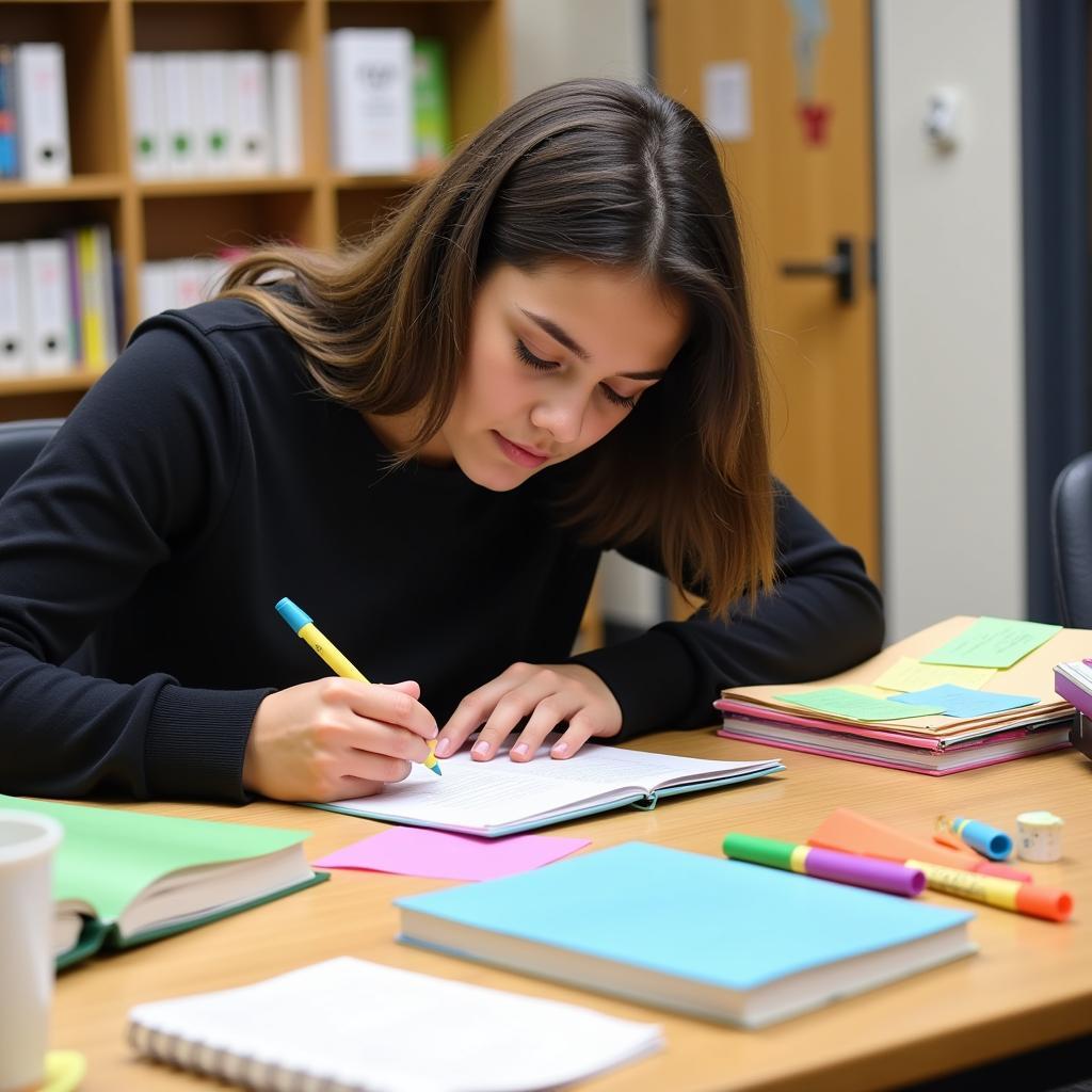 Student meticulously organizing notes and books for finals preparation