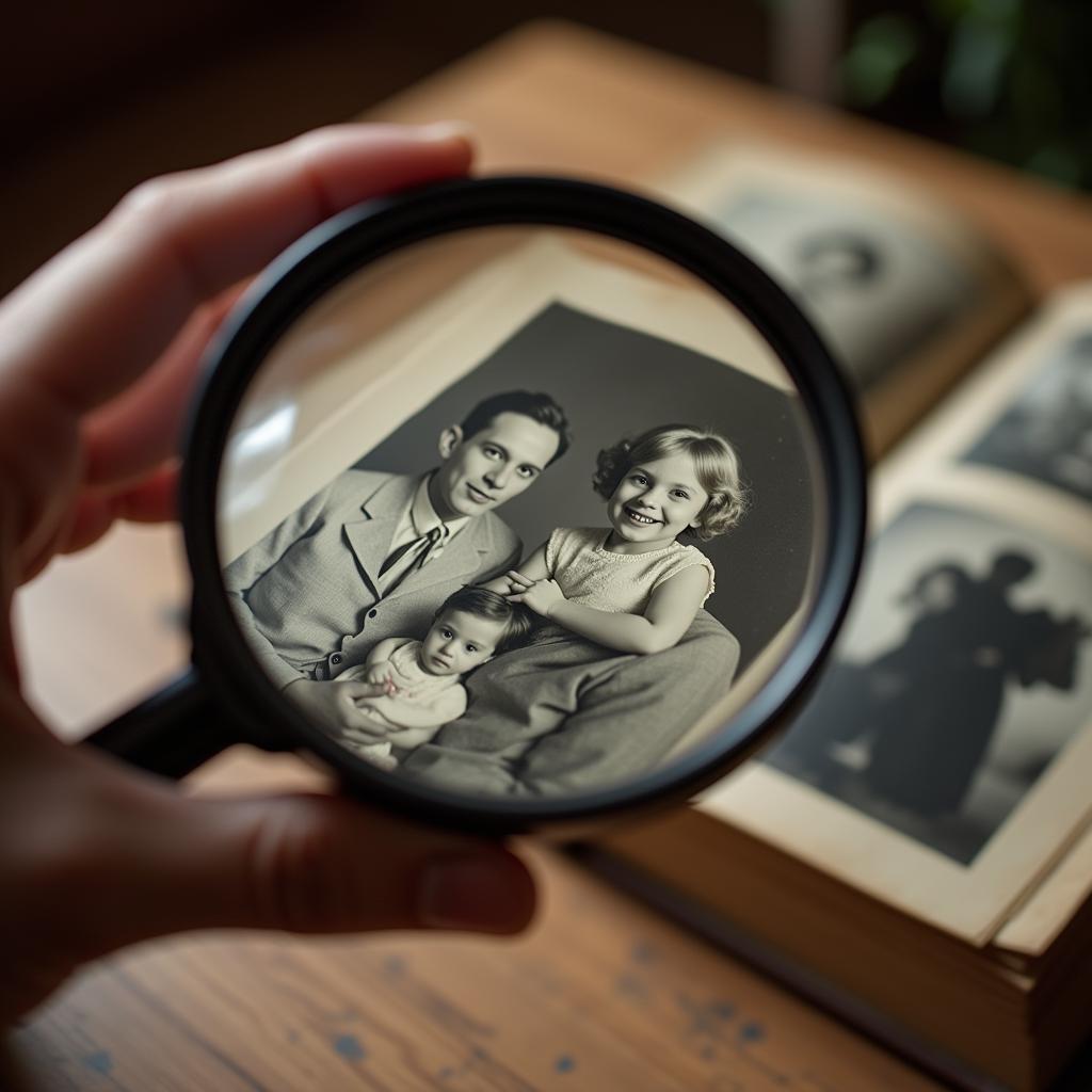 Family photo album with magnifying glass