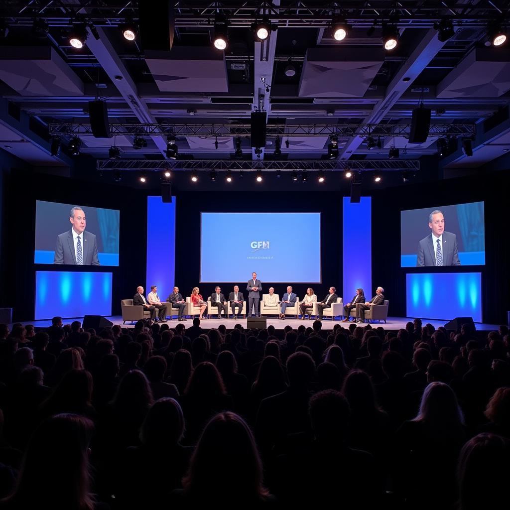 Diverse speakers captivating a large audience at a modern conference venue.