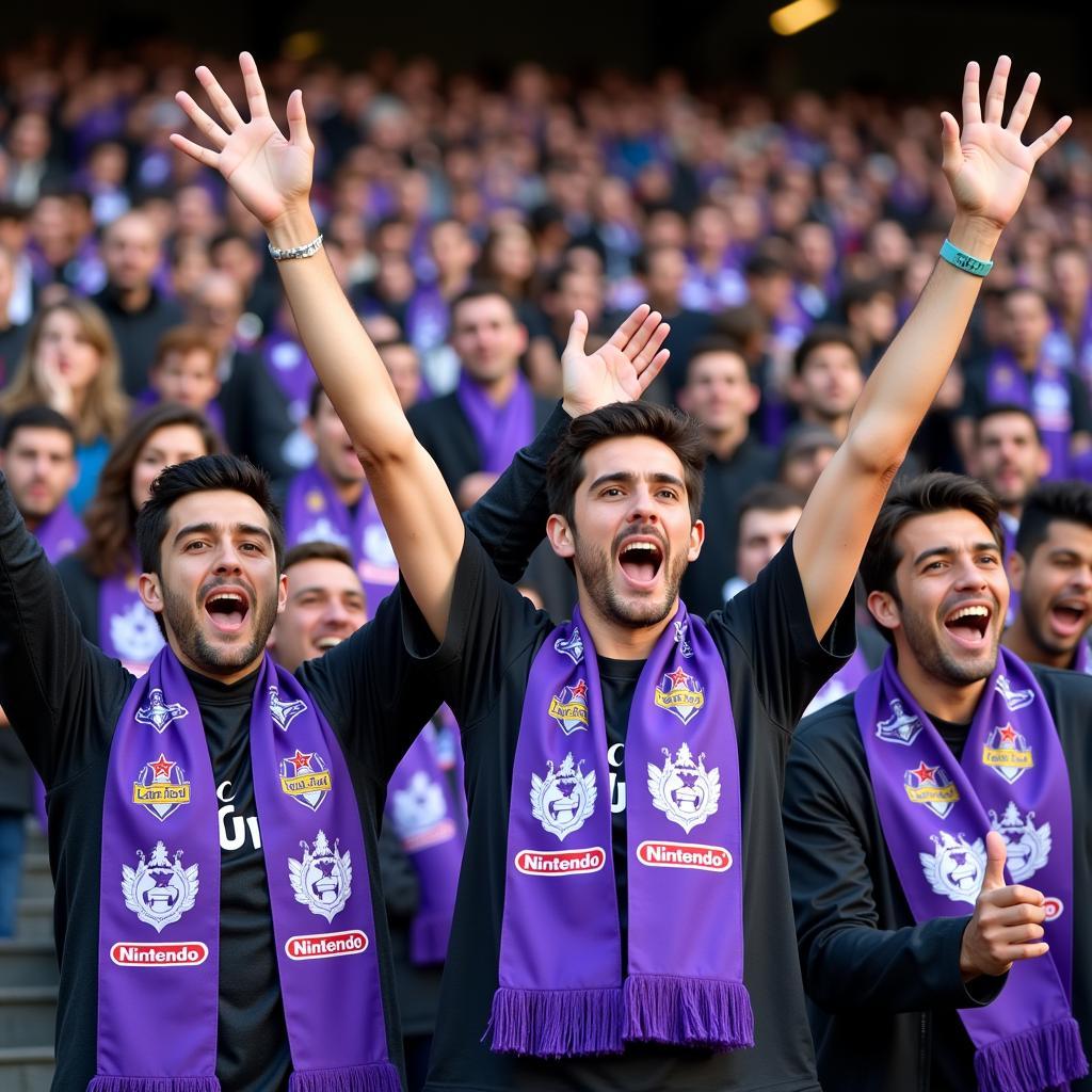 Fiorentina fans wearing custom Nintendo-themed scarves