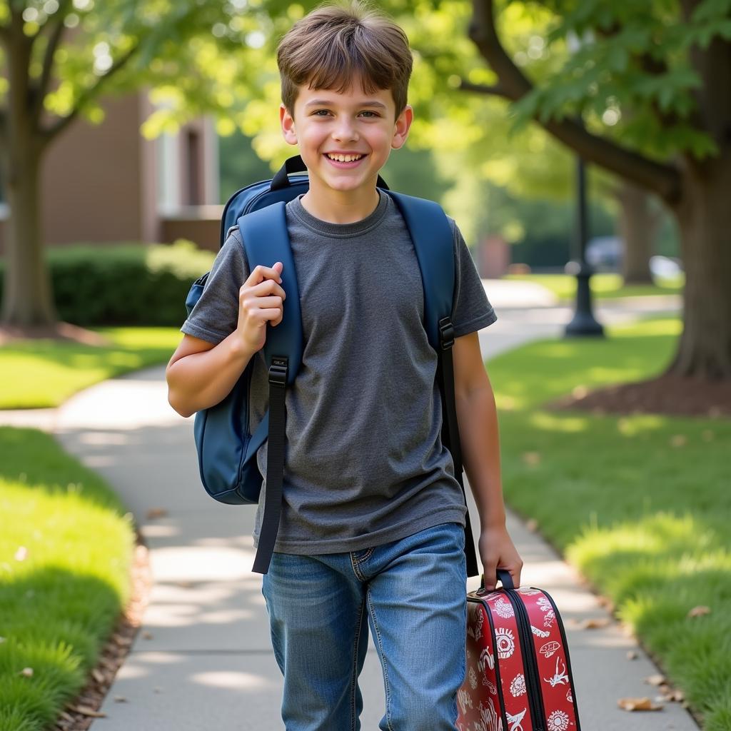 My son, all smiles, on his first day of school at ten years old