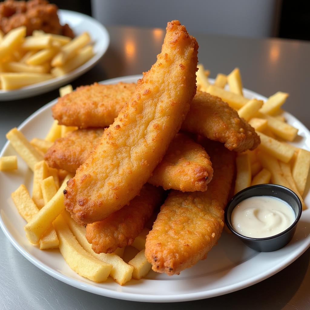  A classic British dish of beer-battered fish and chips.