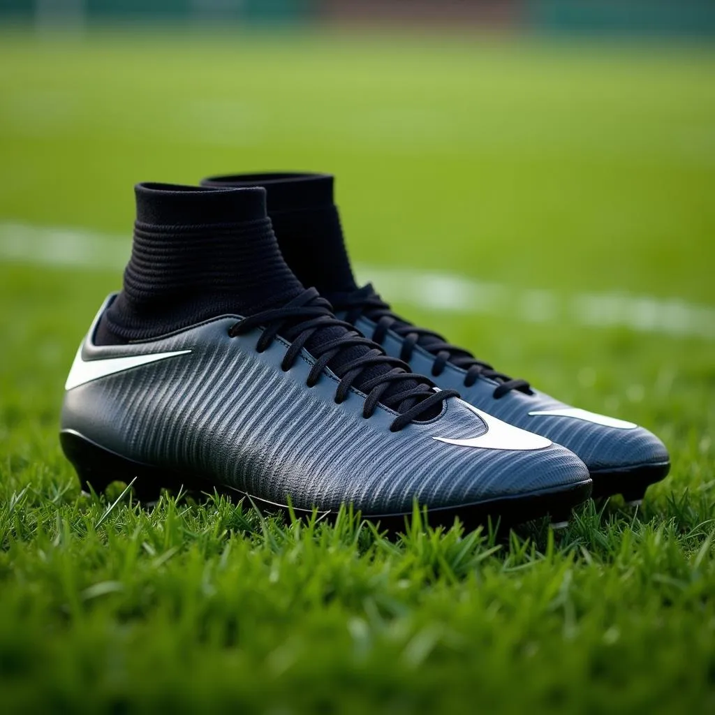 Football boots on a lush green field