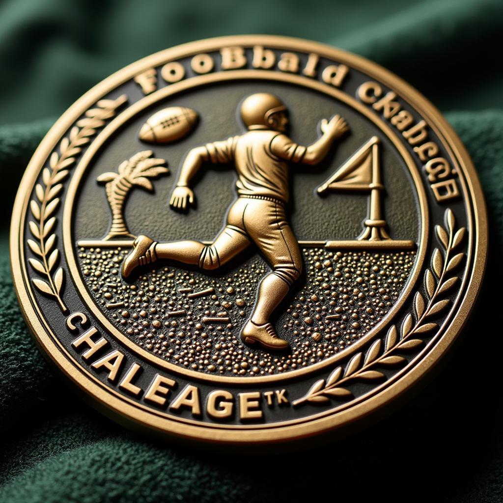 Football challenge coin design featuring intricate details and a football motif.