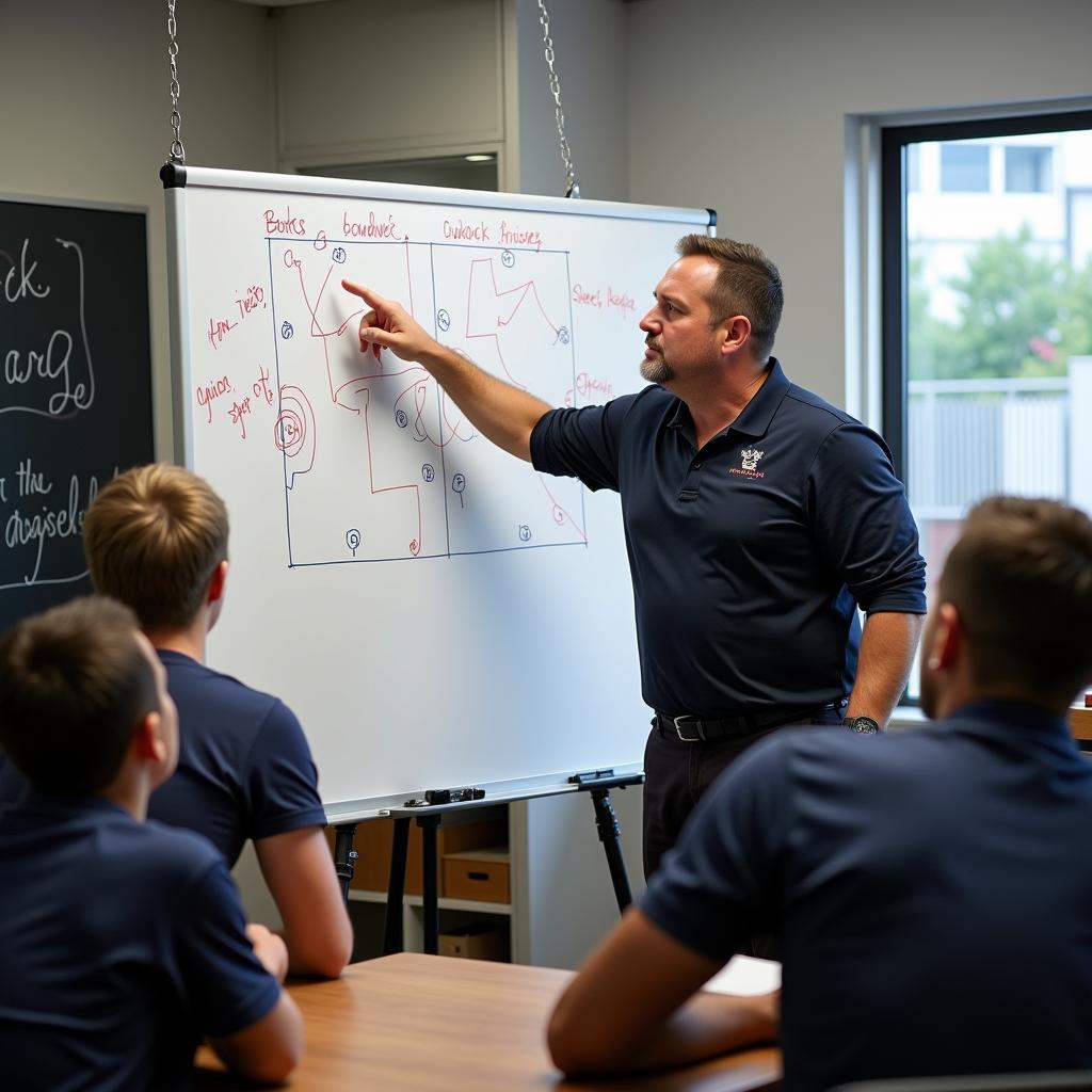 A coach explaining football plays to his team