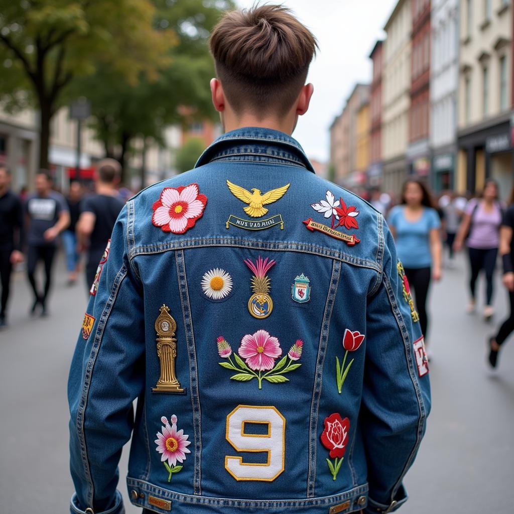 Football Fan Sporting a Denim Jacket with Floral Patches