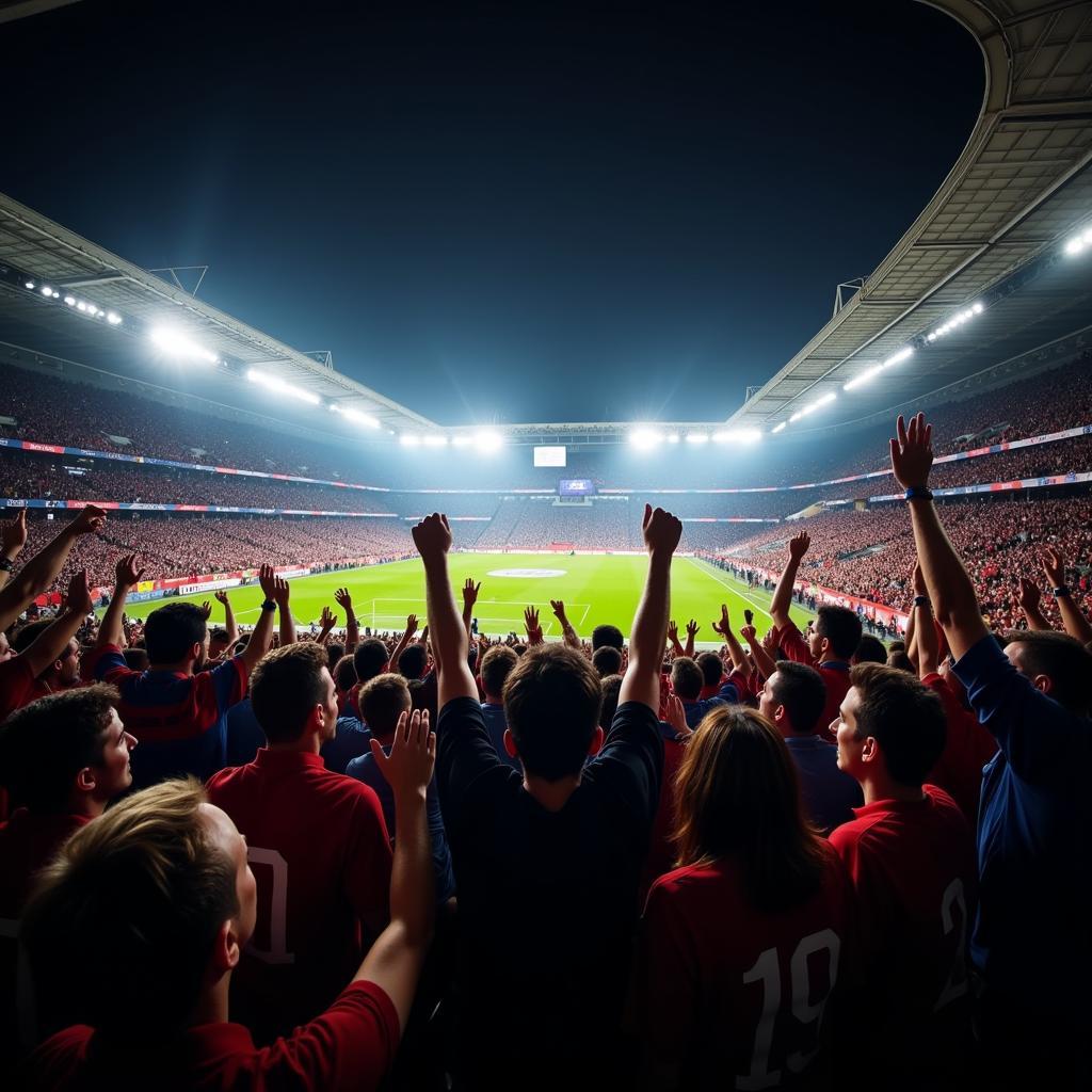 Football fans celebrating a victory in a stadium