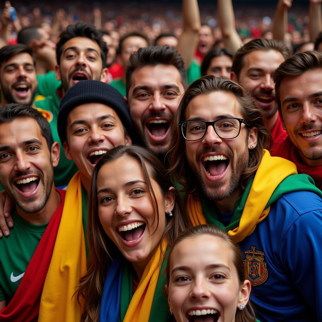 Exuberant football fans erupt in celebration inside a packed stadium