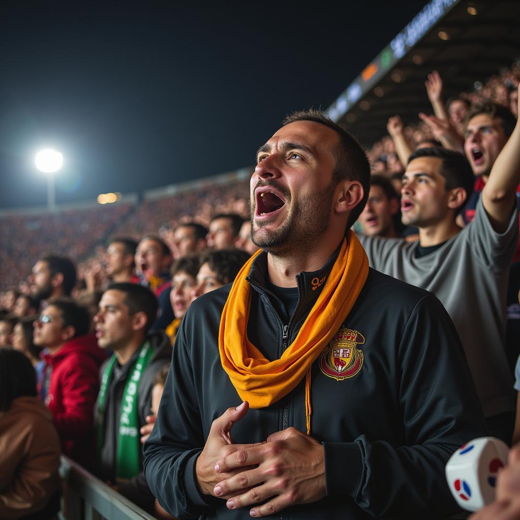 A stadium full of passionate football fans erupts in cheers and applause, their faces painted with team colors.