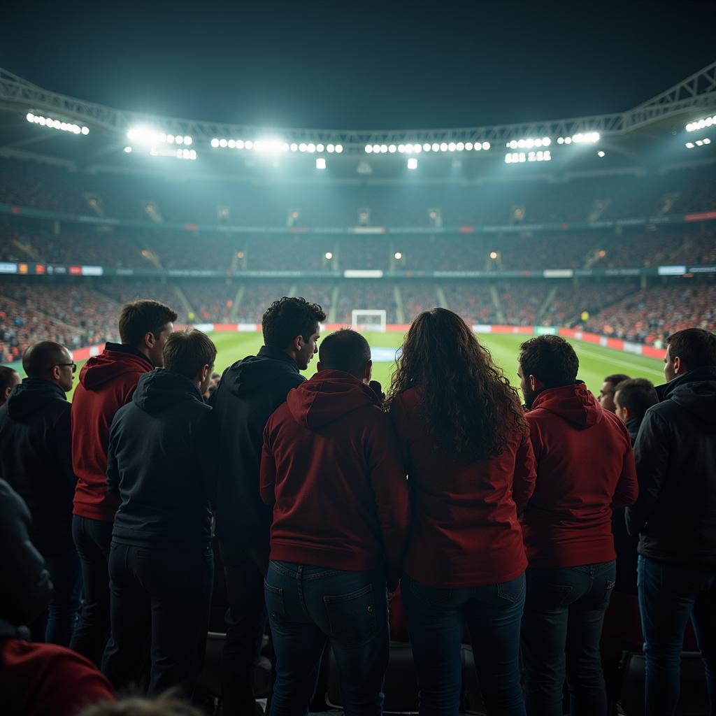 Football Fans Huddled Together, Whispering