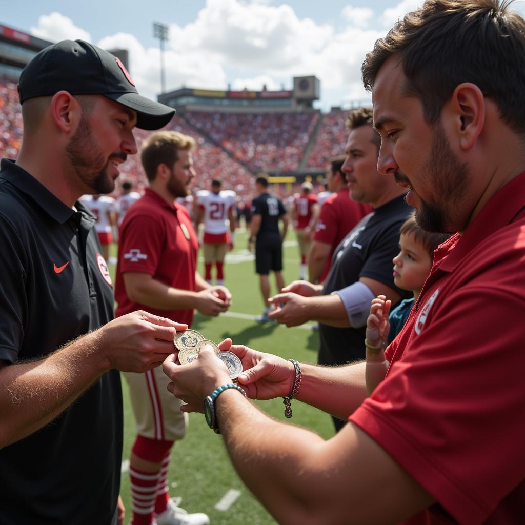 Football fans excitedly trading challenge coins at a match.