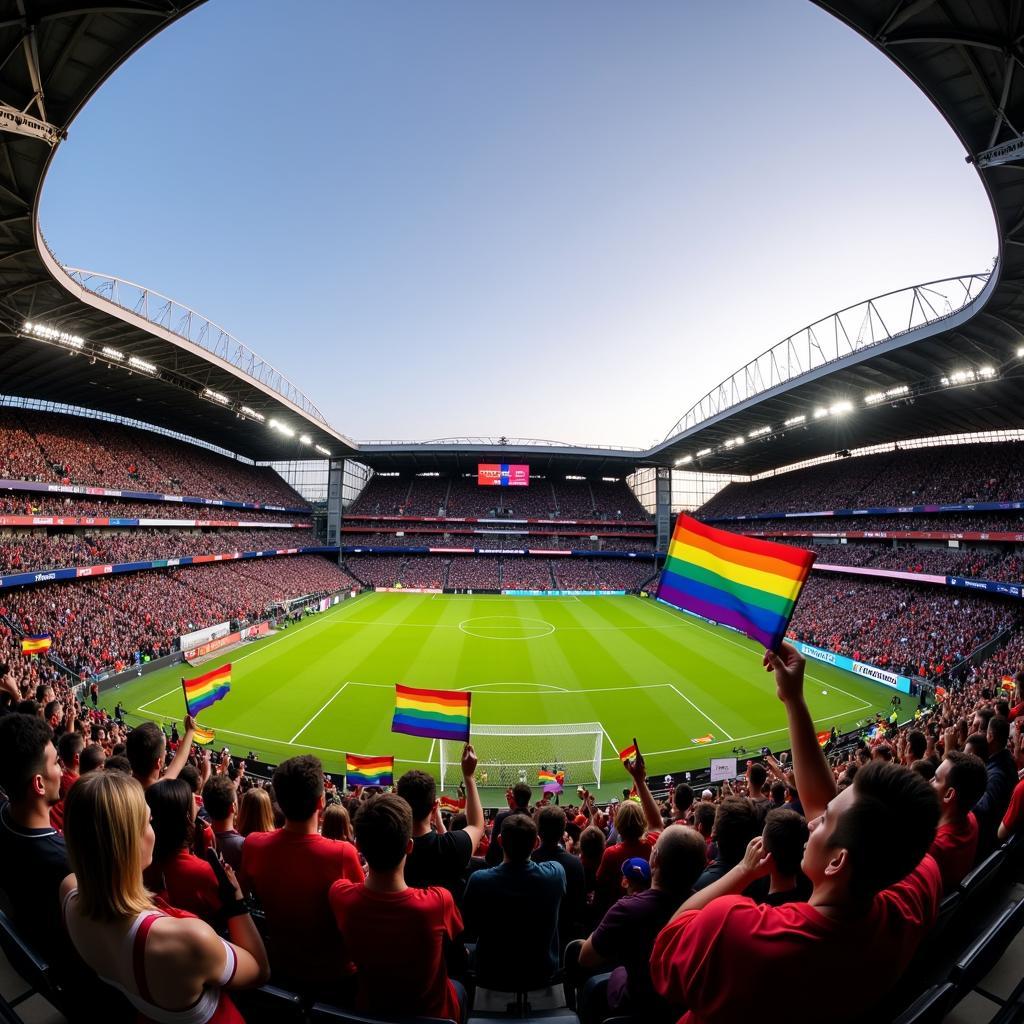 Football fans celebrating with gay pride flags