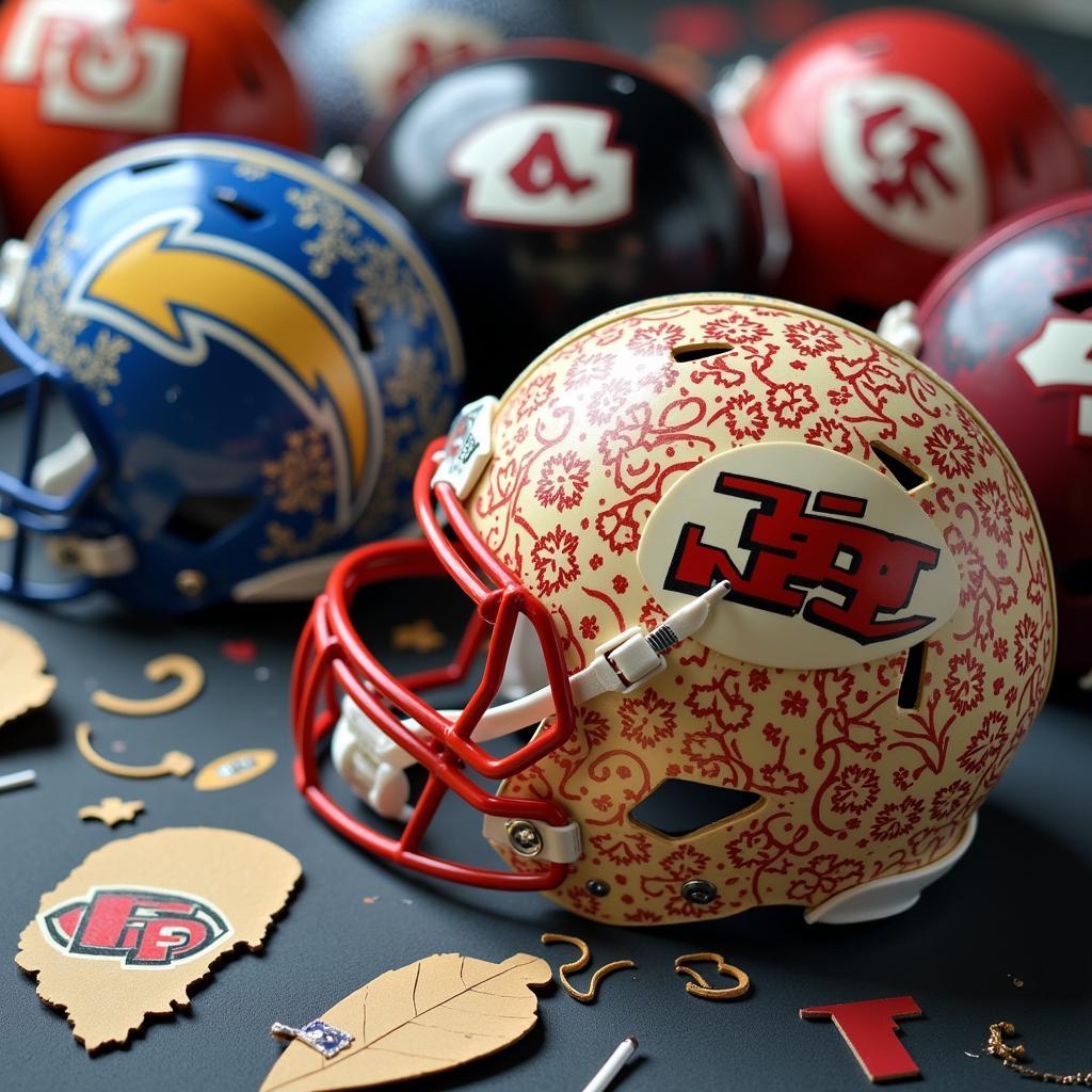 Close-up of various football helmet cut out designs