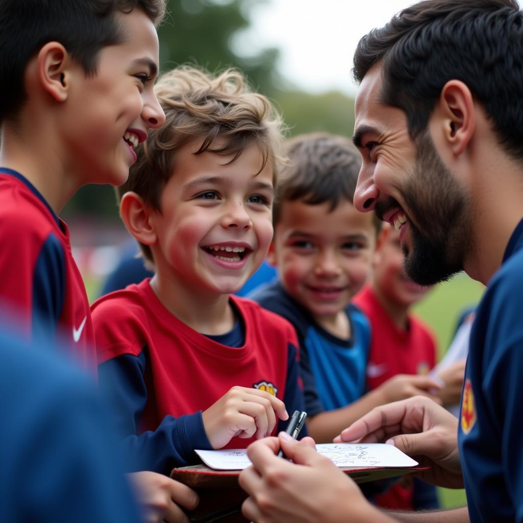 A football legend interacts with young fans