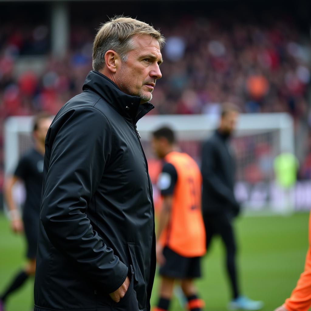 Football manager intensely observing players during a match