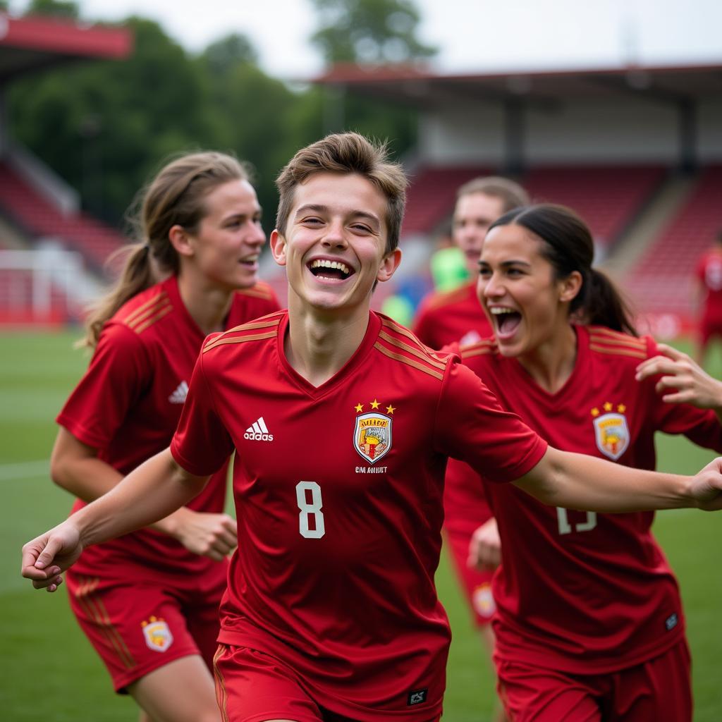 Football player ecstatically celebrating a goal with teammates