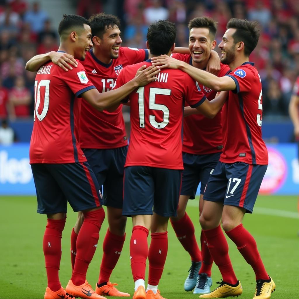 Football player celebrates goal, surrounded by his joyful teammates