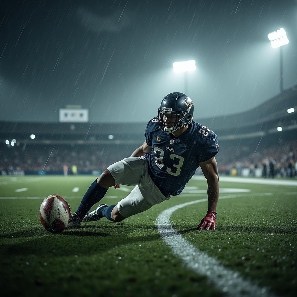 Football Player Sliding Tackle in Rain