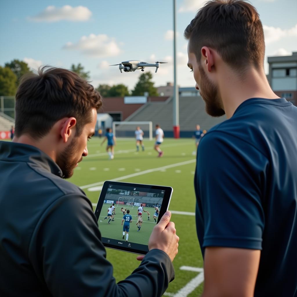 Football player reviewing drone footage with coach for performance analysis