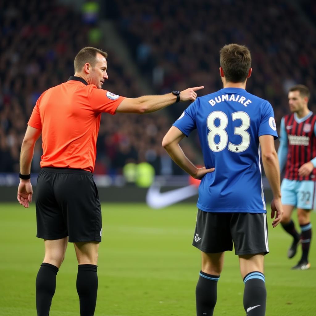 Referee signaling during a match, highlighting the use of numbered socks for identification