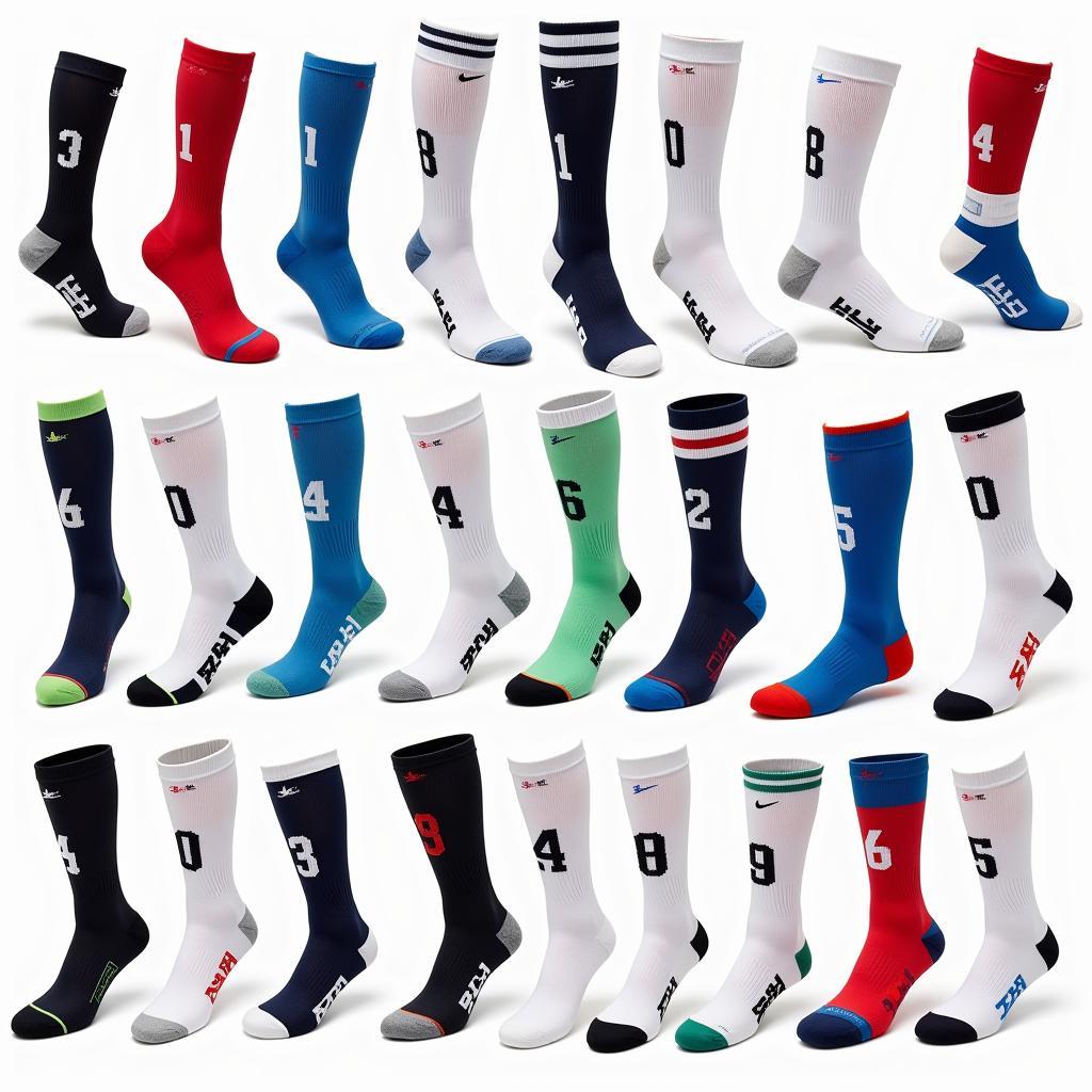 Different types of football socks with numbers displayed.