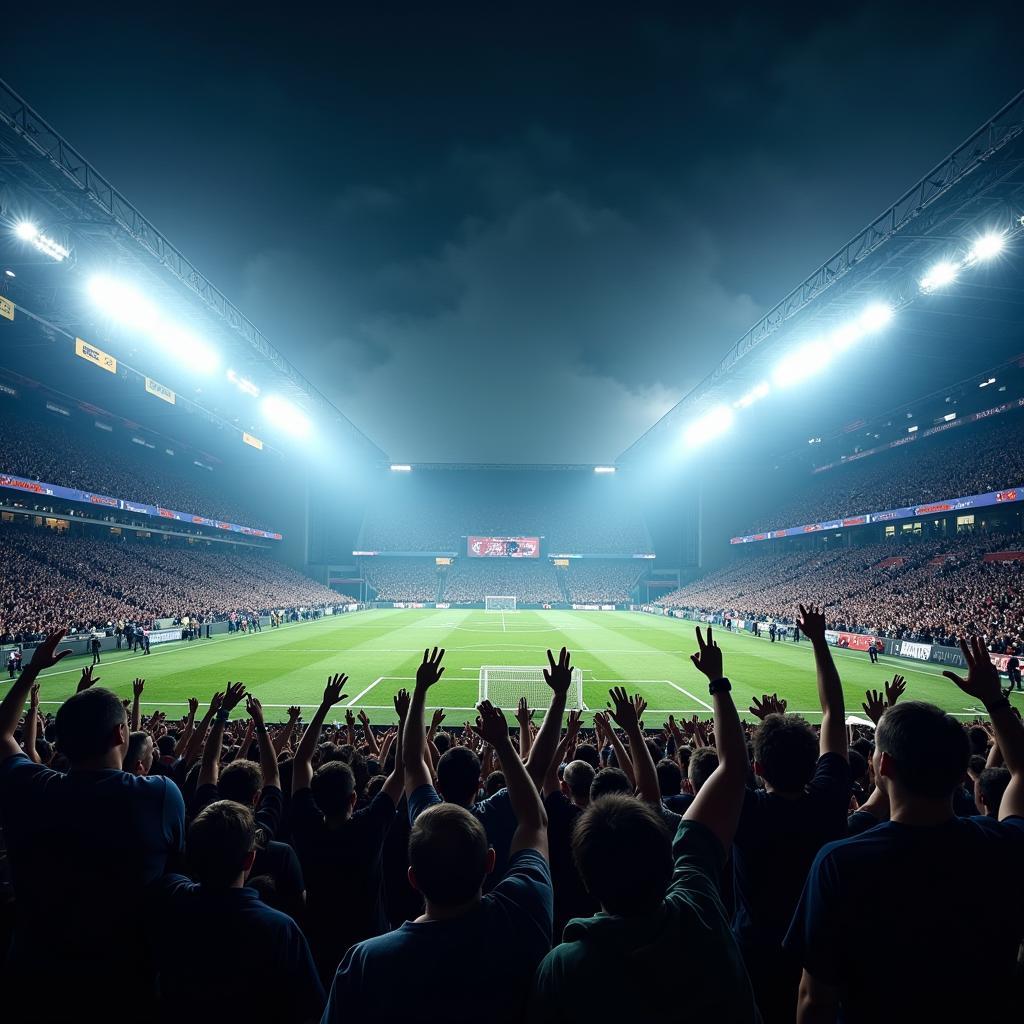 A packed football stadium with a cheering crowd