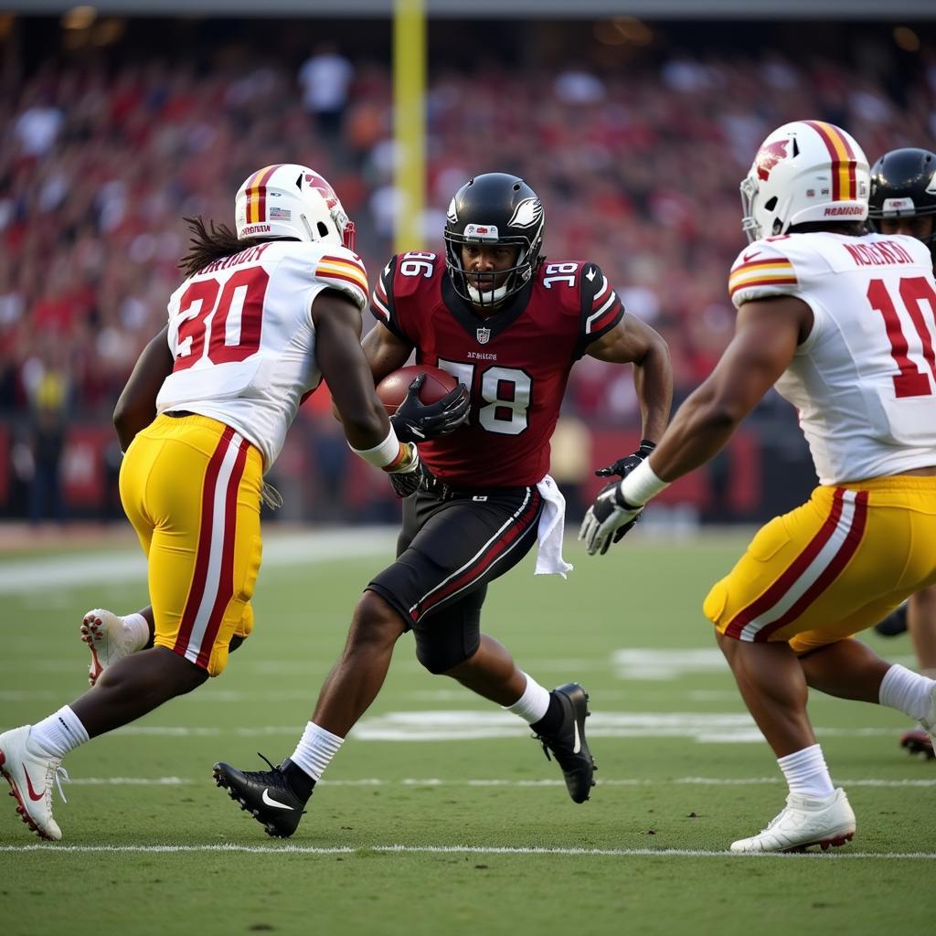 Running back breaking through a wham block opening