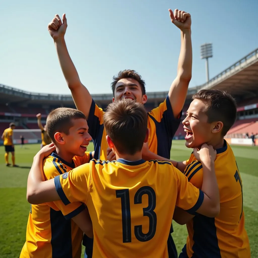 Footballer Celebrating Goal with Teammates