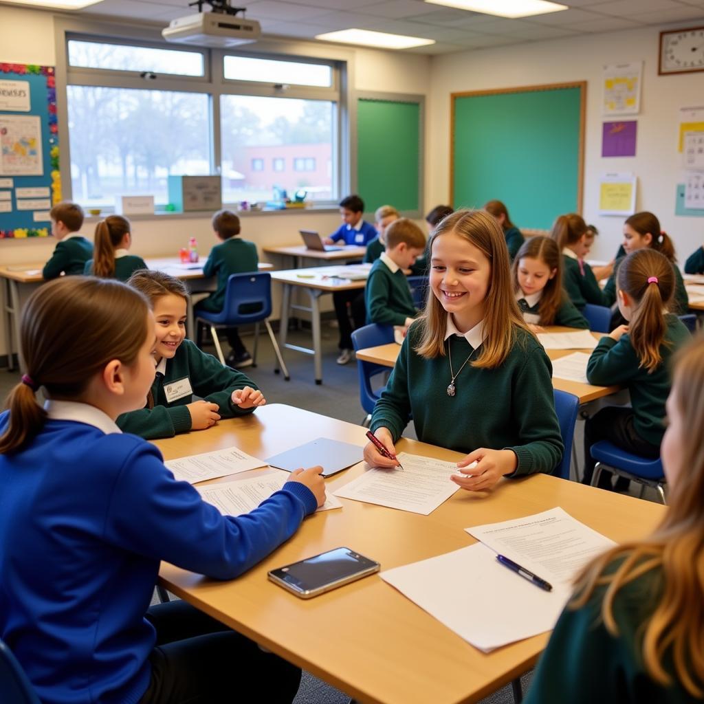 Students gathered in a classroom setting, engaging in group activities and discussions.