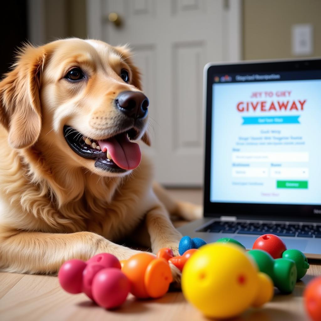 Happy dog playing with free toys won from an online giveaway