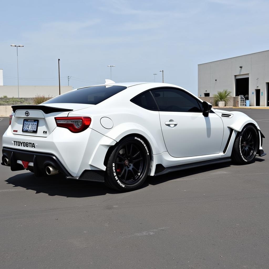 Toyota 86 with full Rocket Bunny kit in white, showcasing widebody fenders and aggressive stance.