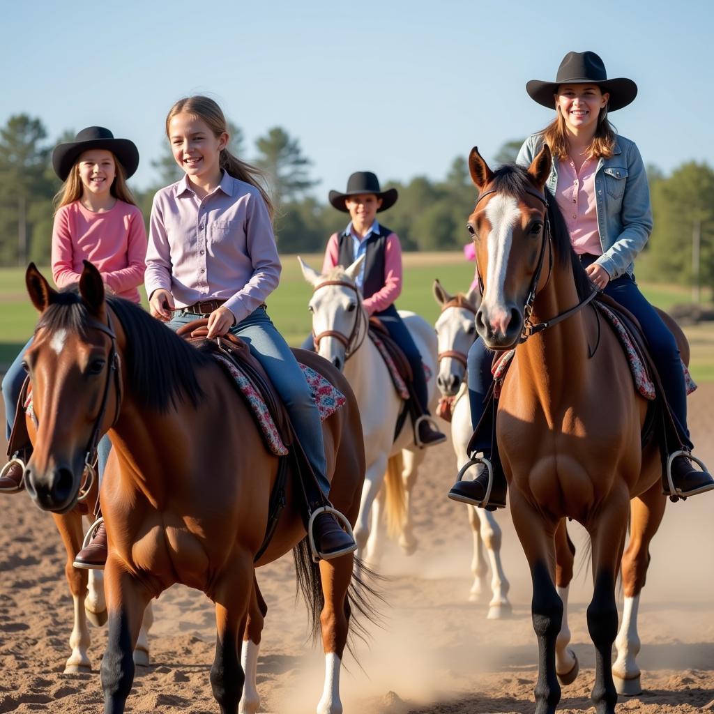 Group of kids playing red light green light on horses