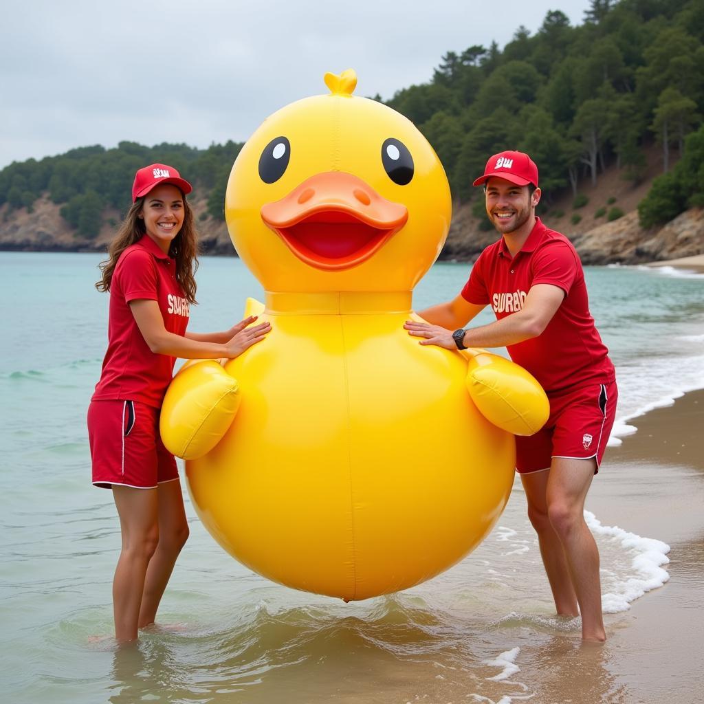 Couple dressed as lifeguards rescuing a rubber duck