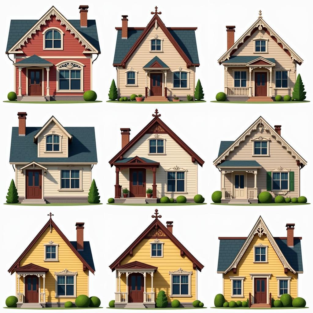 Various styles of gable decorations on different houses