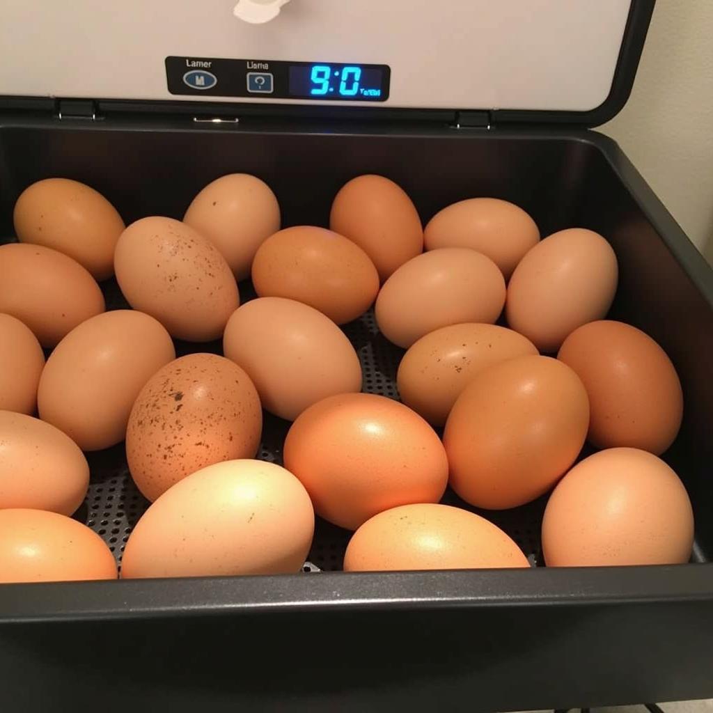 Game chicken eggs carefully arranged in an incubator, awaiting hatching.