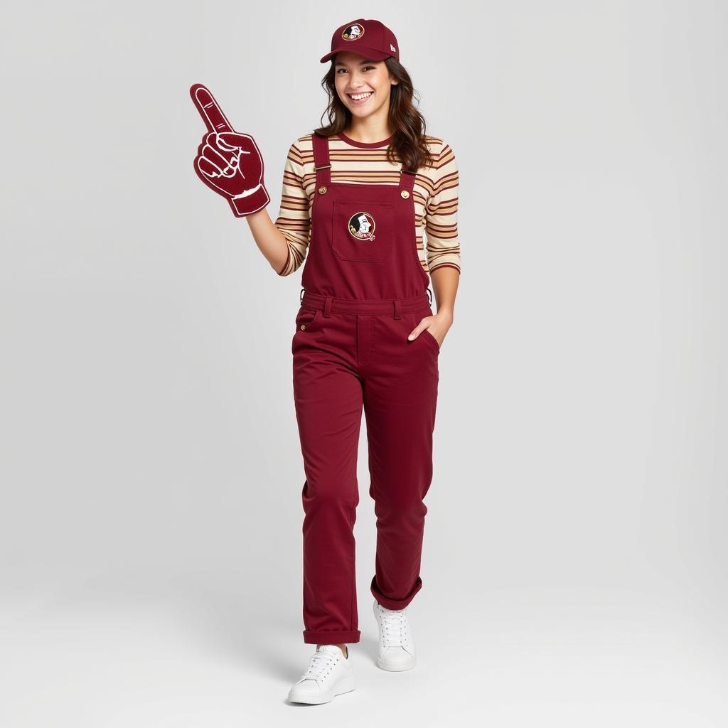 Game day outfit featuring Florida State overalls, a Garnet and Gold striped shirt, and white sneakers.