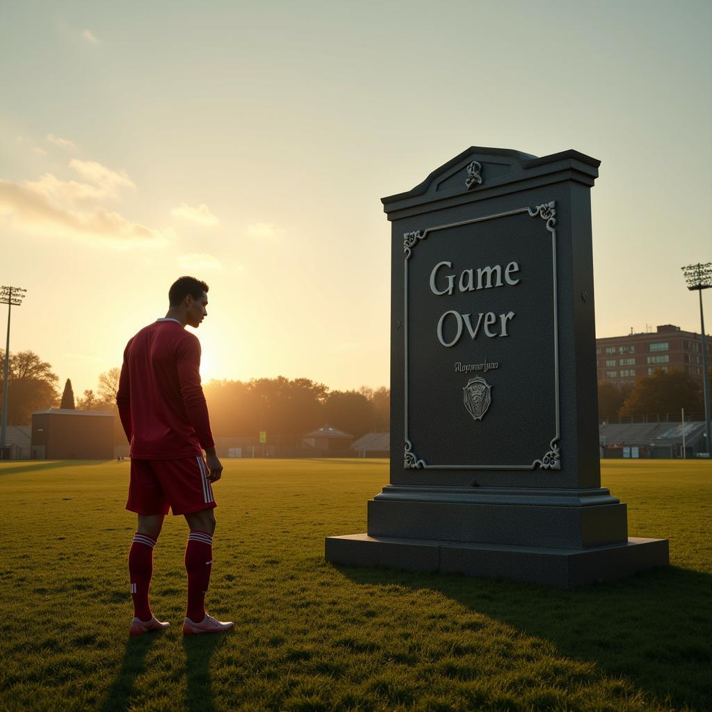 Cristiano Ronaldo standing beside a game over tombstone