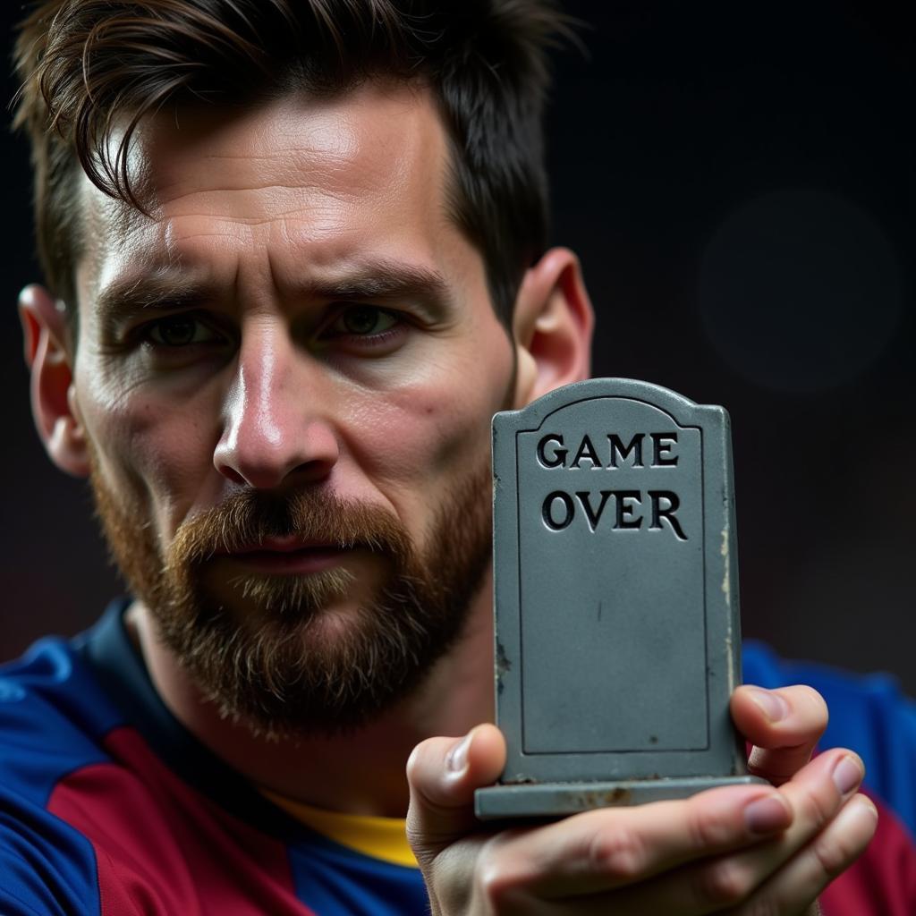 Lionel Messi holding a game over tombstone