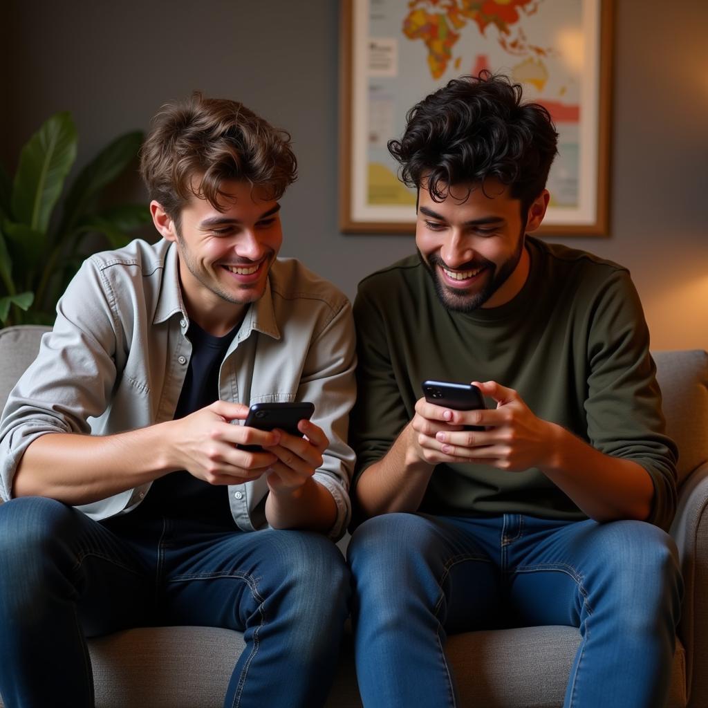 Two gamers comparing achievements lists on their phones.