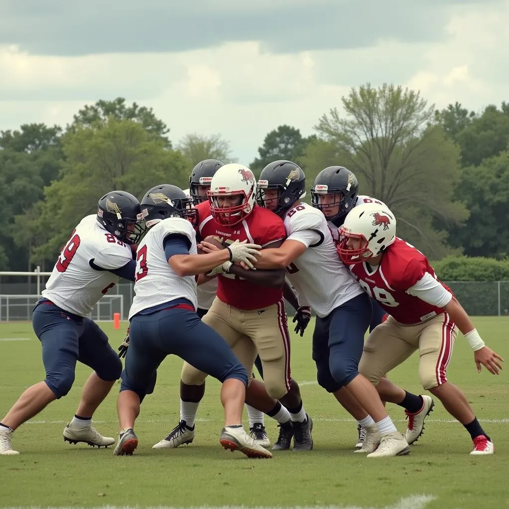 Multiple defenders swarming to tackle the ball carrier in an 8-man football game