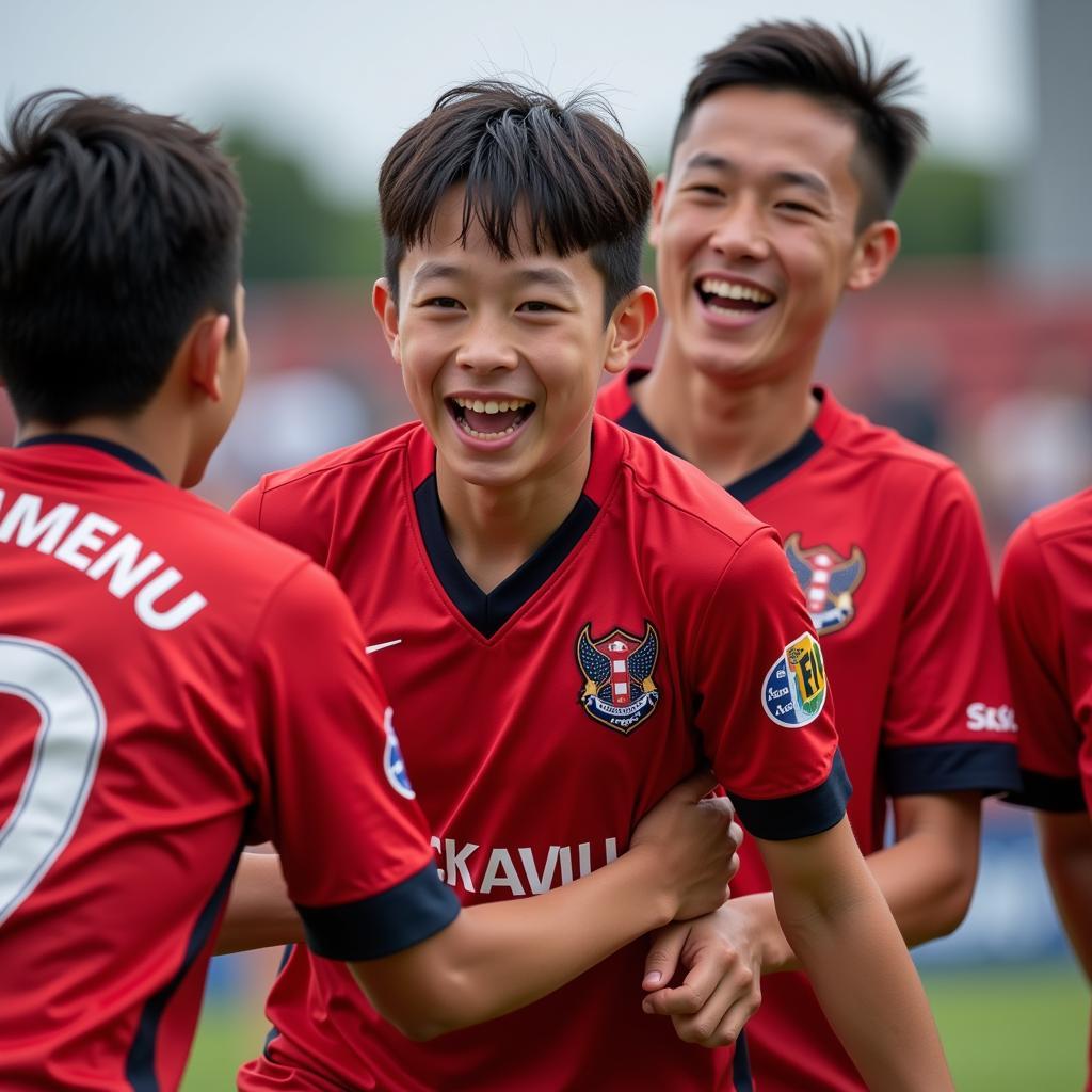 Gangwon FC Young Player Celebrates a Goal with Teammates