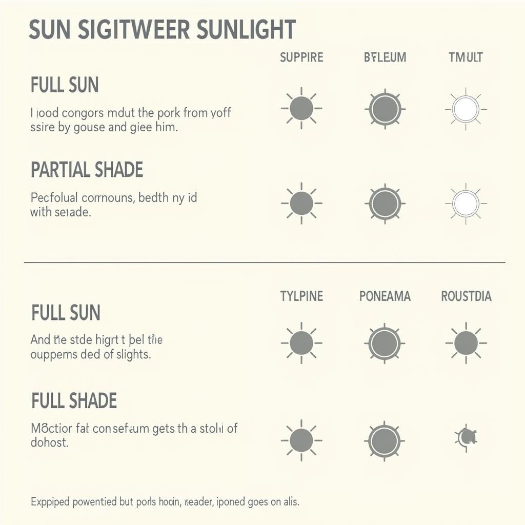 A chart depicting different levels of sunlight exposure in a garden, from full sun to full shade.