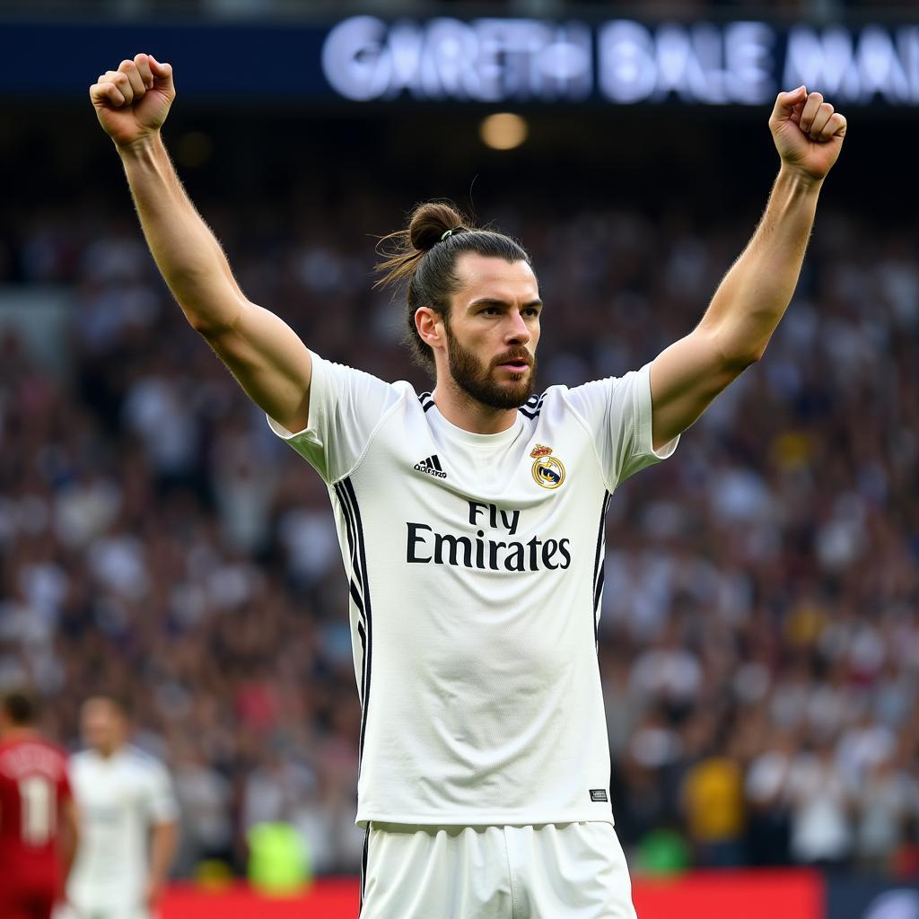 Gareth Bale in his Real Madrid jersey, celebrating a goal.