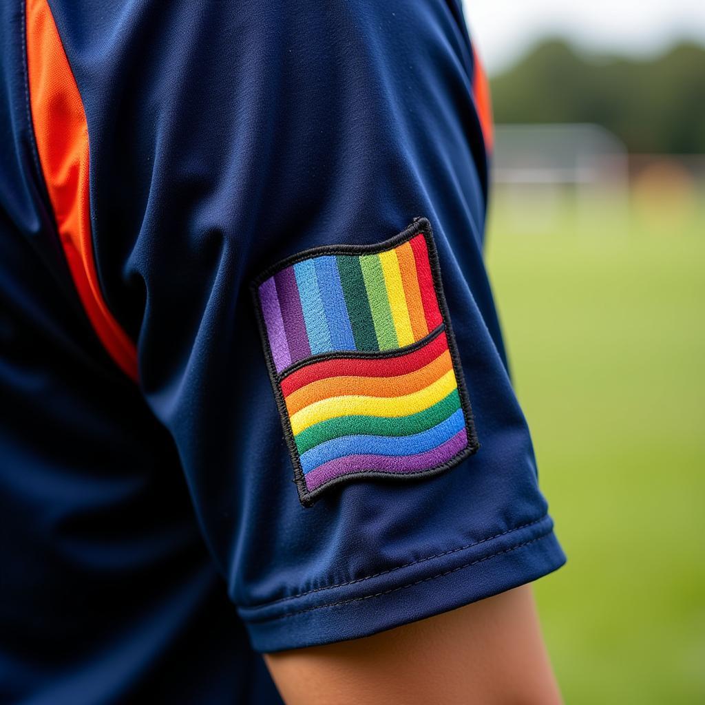 Football jersey with a prominent gay pride flag patch