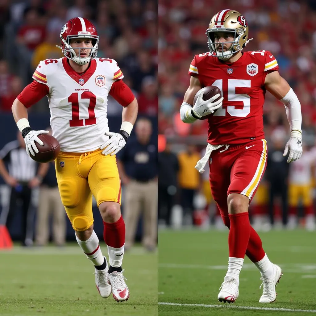 George Kittle and Cole Kmet both running routes during a game.